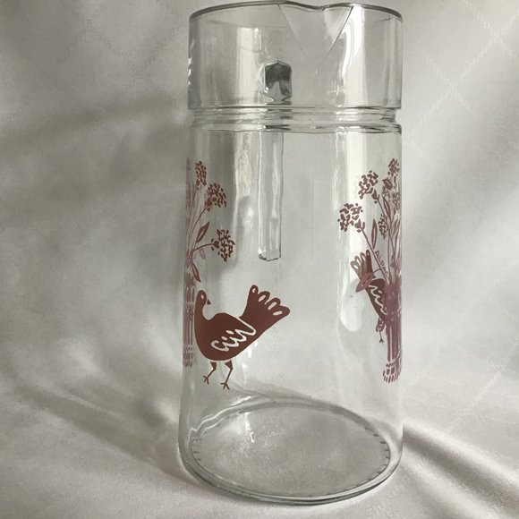 Vintage Glass Pitcher Made in France Pink  Graphics of Bird and Basket - Picture 2 of 6